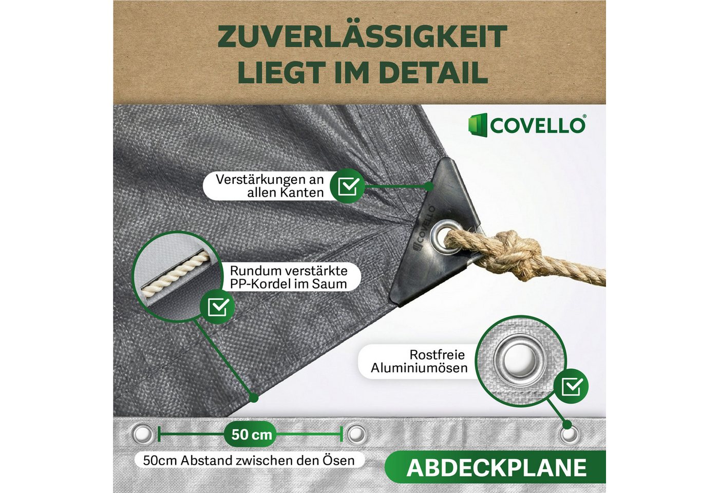Covello Schutzplane 90g/m² silber, Abdeckplane mit Ösen wasserdicht, Plane UV-stabilisiert in vielen verschiedenen Farben & Größen Bild 5