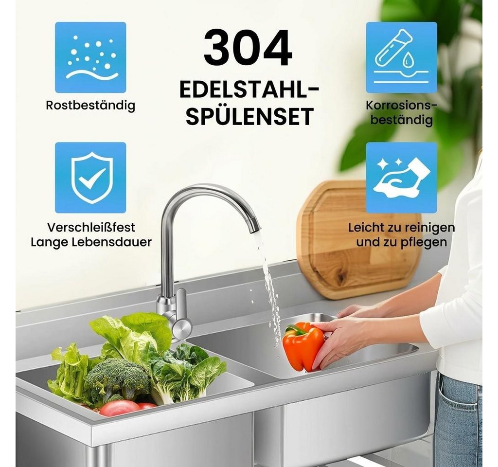 GarveeMore Küchenspüle Edelstahl Spültisch,Freistehende Küchenspüle 2 Becken, Gewerbliche Spülbecken Mit Wasserhahn Kalt Und Warmwasserschläuchen