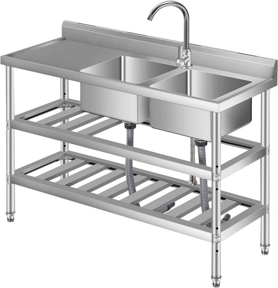 GarveeMore Küchenspüle Edelstahl Spültisch,Freistehende Küchenspüle 2 Becken, Gewerbliche Spülbecken Mit Wasserhahn Kalt Und Warmwasserschläuchen Bild 2