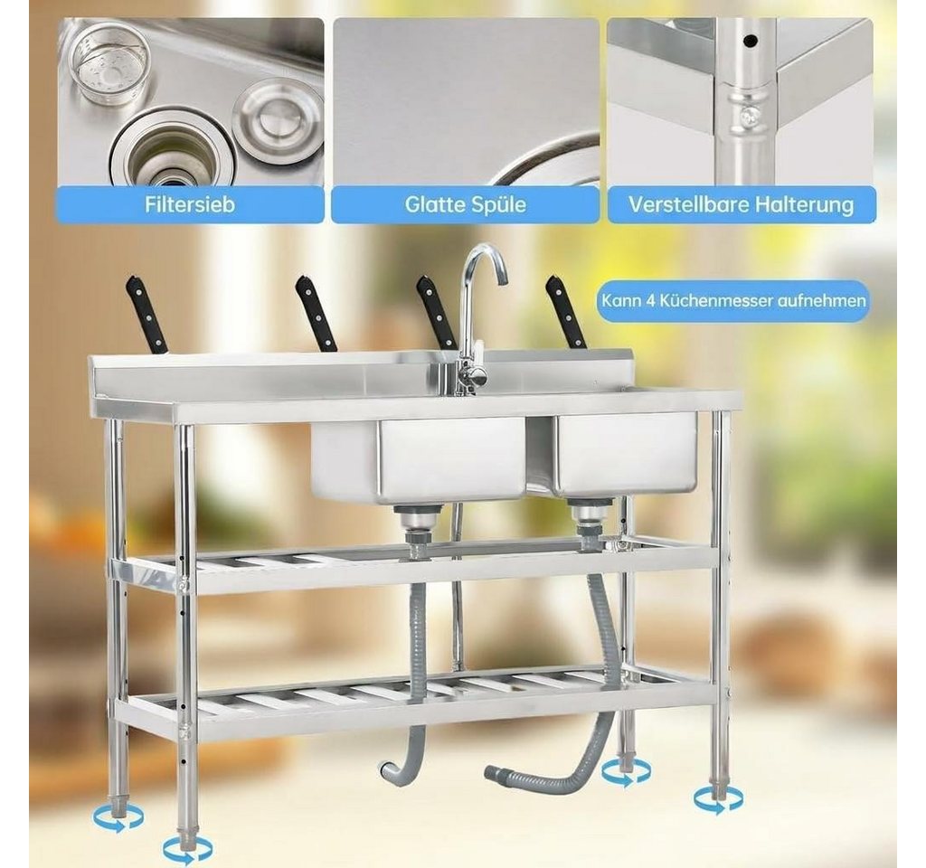 GarveeMore Küchenspüle Edelstahl Spültisch,Freistehende Küchenspüle 2 Becken, Gewerbliche Spülbecken Mit Wasserhahn Kalt Und Warmwasserschläuchen Bild 3