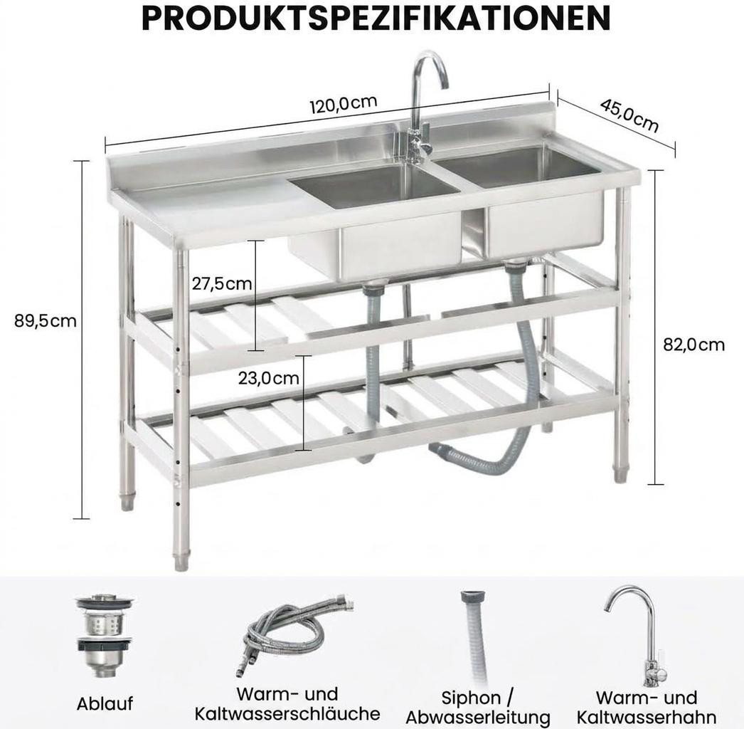 GarveeMore Küchenspüle Edelstahl Spültisch,Freistehende Küchenspüle 2 Becken, Gewerbliche Spülbecken Mit Wasserhahn Kalt Und Warmwasserschläuchen Bild 5