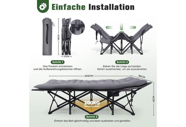 Sekey Klappbett 202 x 80 cm Extra Breit Feldbett XXL Campingbett Klappbar mit Matratze Faltbares Klappbett mit Seitentasche, 600D Oxford-Gewebe, bis 200 kg
