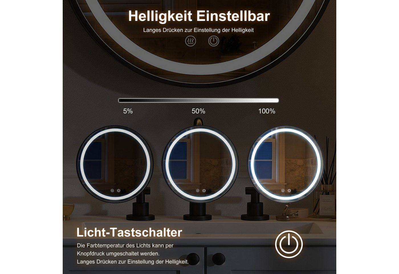 radelldar Spiegelschrank mit Beleuchtung,Schwarzer Metallrahmen,rund,60x60cm (1-St) berührungsloser Ein-/Ausschalter, Anti-Beschlag-Funktion Bild 3