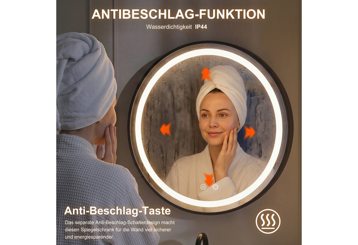 radelldar Spiegelschrank mit Beleuchtung,Schwarzer Metallrahmen,rund,60x60cm (1-St) berührungsloser Ein-/Ausschalter, Anti-Beschlag-Funktion Bild 4