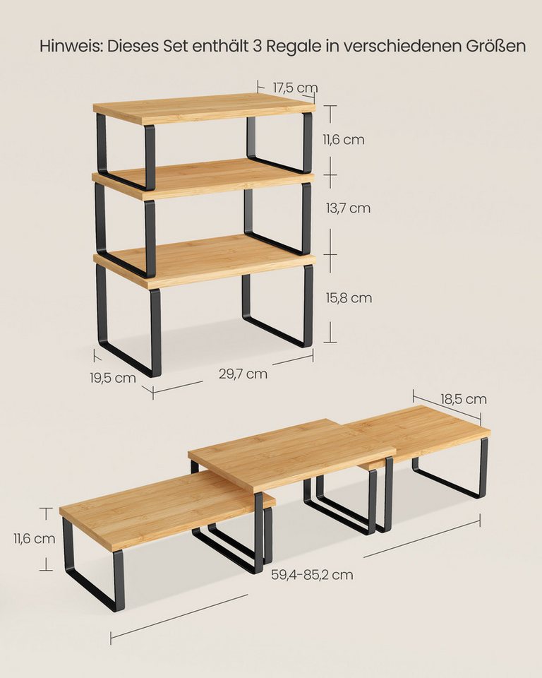 SONGMICS Gewürzregal Küchen-Organizer, 3-tlg., 3er Set, stapelbar, erweiterbar, Metall und Bambus