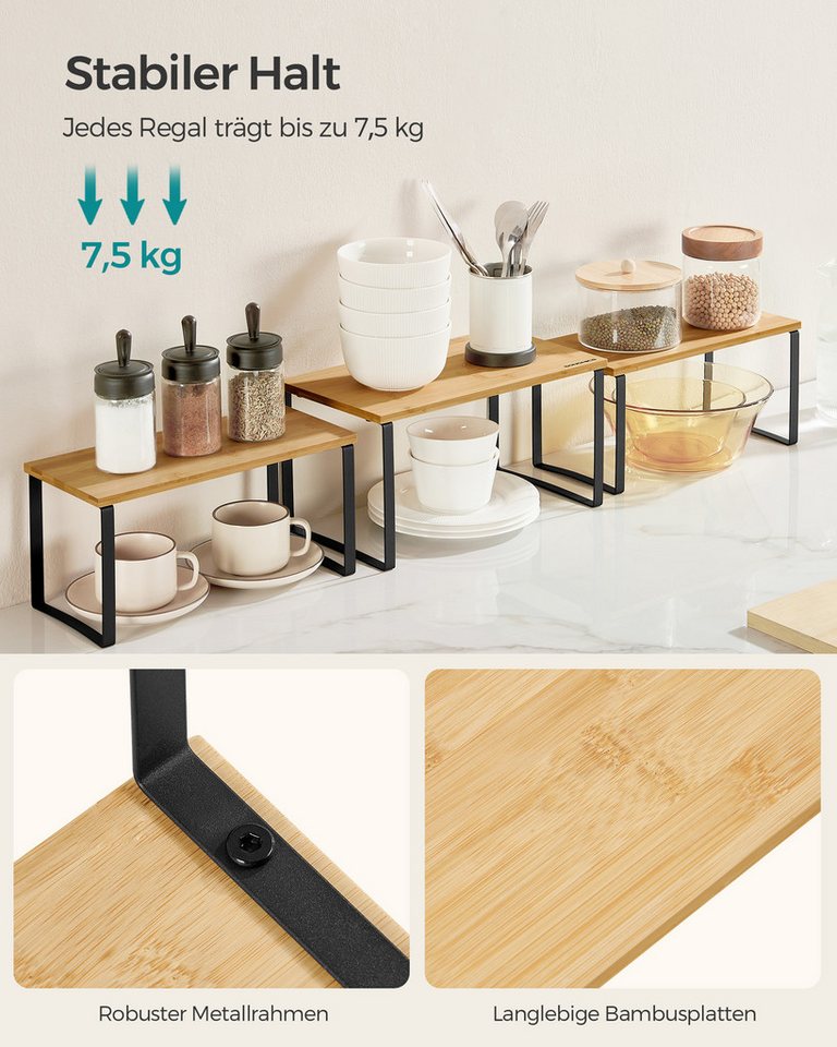 SONGMICS Gewürzregal Küchen-Organizer, 3-tlg., 3er Set, stapelbar, erweiterbar, Metall und Bambus Bild 4
