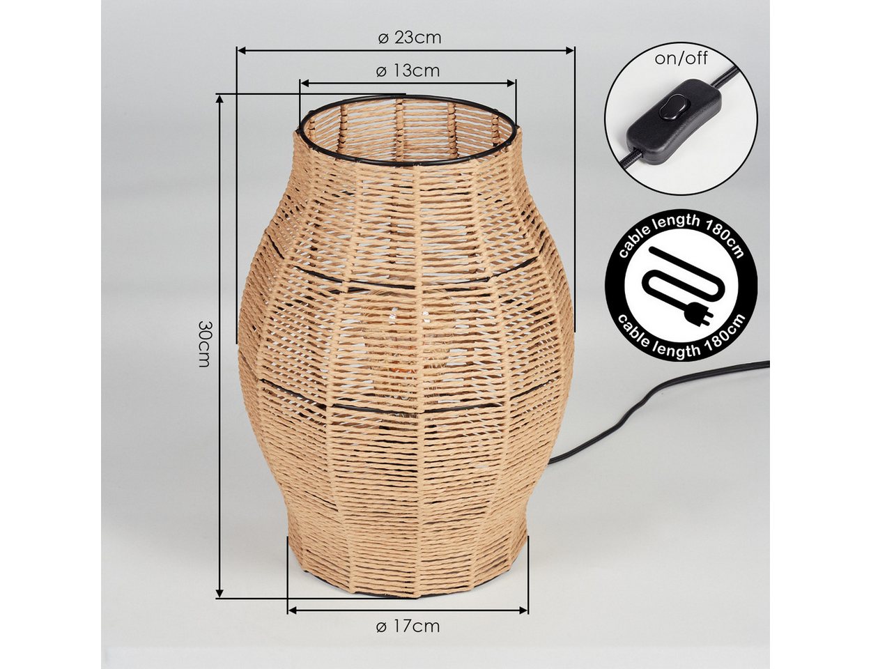 hofstein Tischleuchte Tischlampe aus Metall/Bast in Schwarz/Naturfarben, ohne Leuchtmittel, Tischleuchte im Boho-Design, Lichteffekt, Schalter am Kabel, 30cm, E27 Bild 2