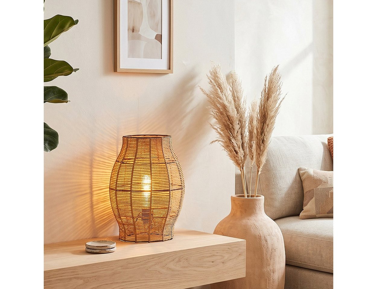 hofstein Tischleuchte Tischlampe aus Metall/Bast in Schwarz/Naturfarben, ohne Leuchtmittel, Tischleuchte im Boho-Design, Lichteffekt, Schalter am Kabel, 30cm, E27 Bild 3