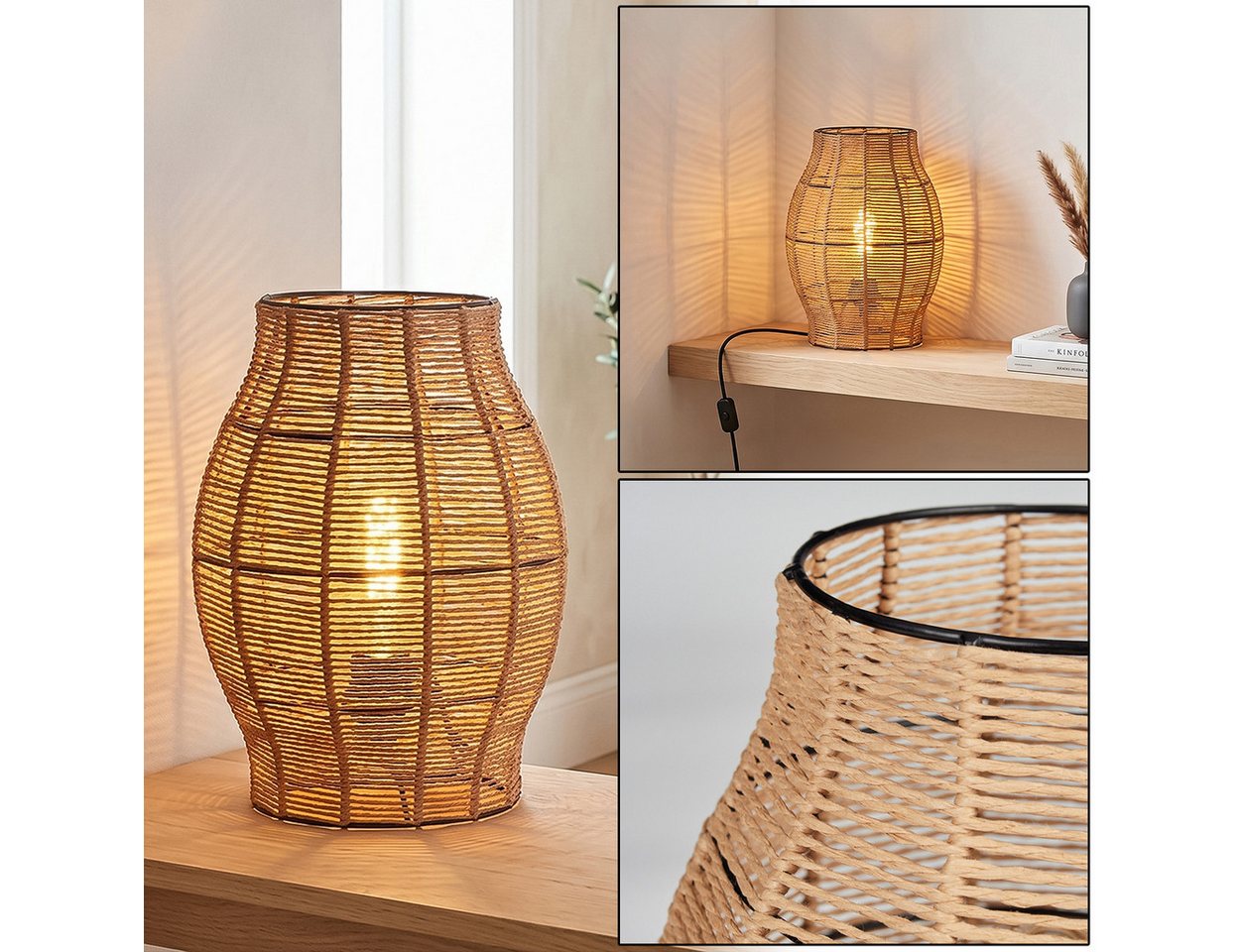 hofstein Tischleuchte Tischlampe aus Metall/Bast in Schwarz/Naturfarben, ohne Leuchtmittel, Tischleuchte im Boho-Design, Lichteffekt, Schalter am Kabel, 30cm, E27 Bild 5