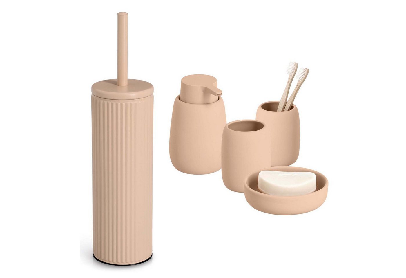 Zeller Present Badaccessoire-Set 5-teiliges Badaccessoire-Set - Keramik, Mandel, Set, 5 tlg., 5-tlg., stilvolle Riffelstruktur