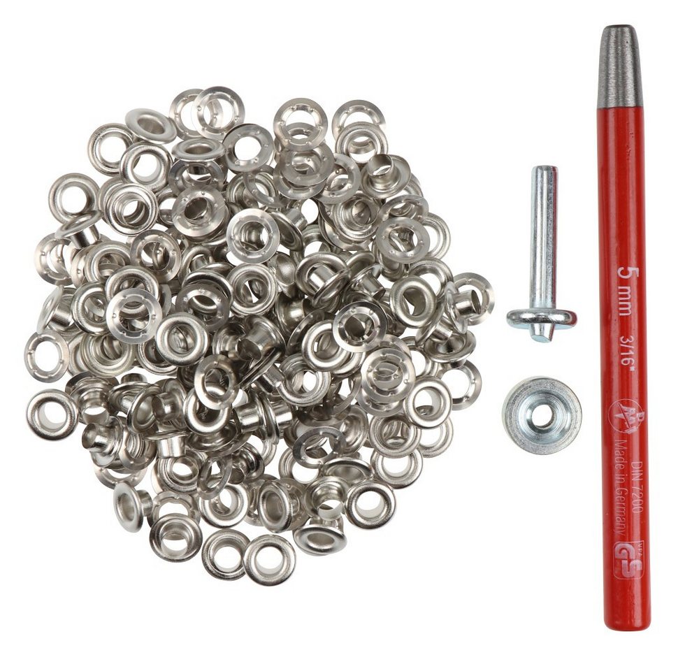 Langlauf Schuhbedarf Öse Großpackung Ösen 100 Stück 5mm silber - mit Werkzeug & Locheisen Bild 2