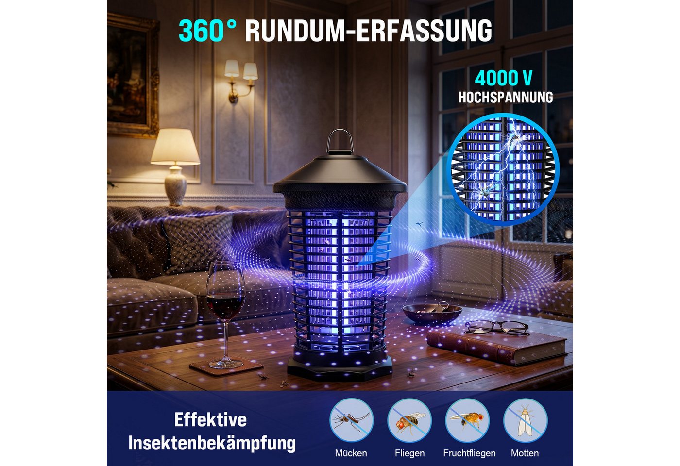 ANYSUN Ultraschall-Tierabwehr Insektenvernichter elektrisch Mückenlampe 4000V UV-Lampe Insektenfalle, 1-tlg., Fliegenfalle elektrisch mückenfalle für Innen
