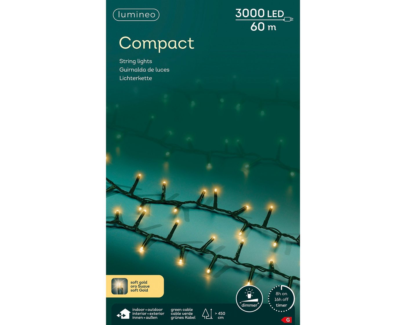 Lumineo LED-Lichterkette Lumineo Lichterkette COMPACT 3000 LED 60 m, Soft Gold, grünes Kabel, Indoor/Outdoor, dimmbar, 8h-Timer, 5 m Zuleitung Bild 2