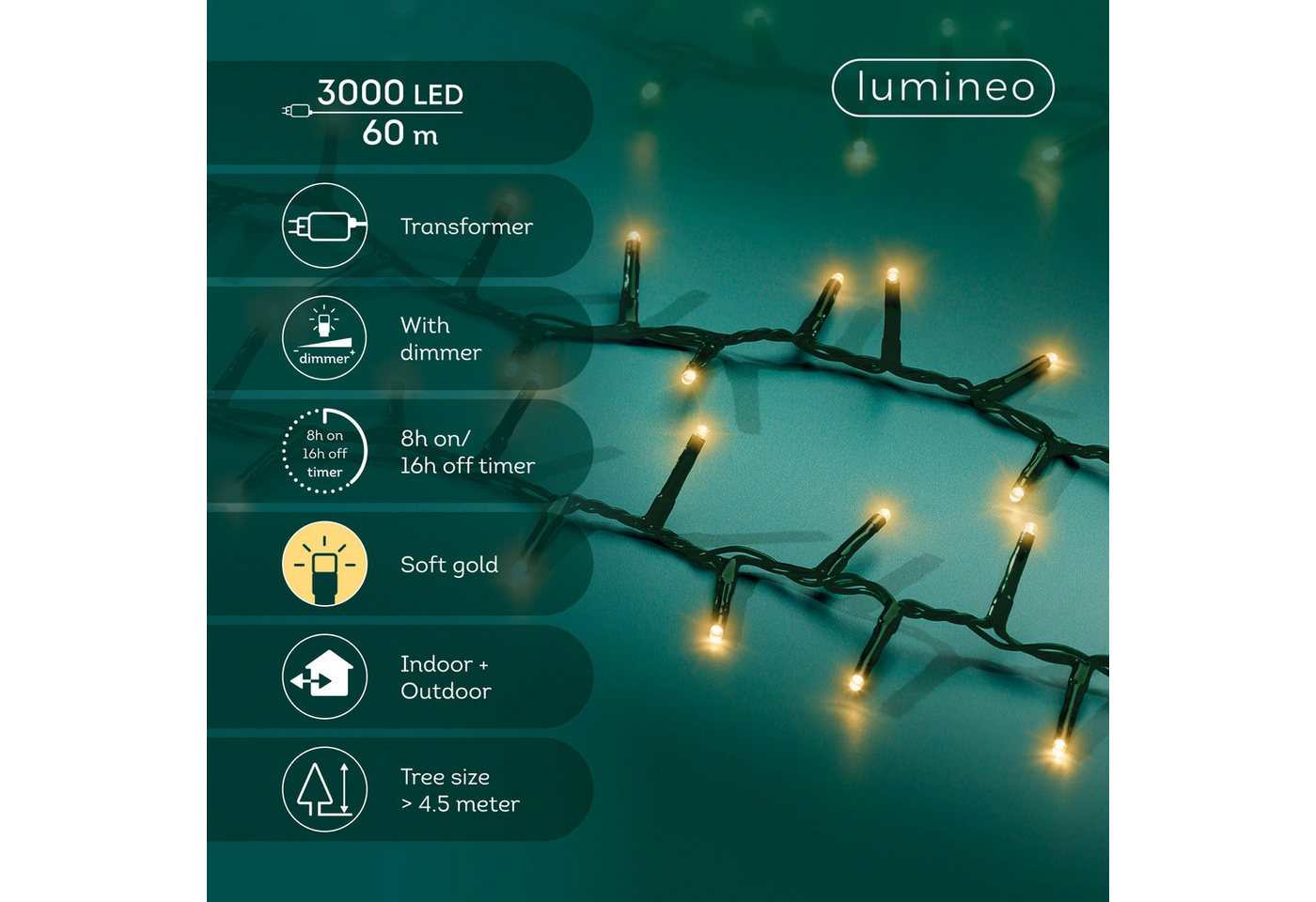 Lumineo LED-Lichterkette Lumineo Lichterkette COMPACT 3000 LED 60 m, Soft Gold, grünes Kabel, Indoor/Outdoor, dimmbar, 8h-Timer, 5 m Zuleitung Bild 5