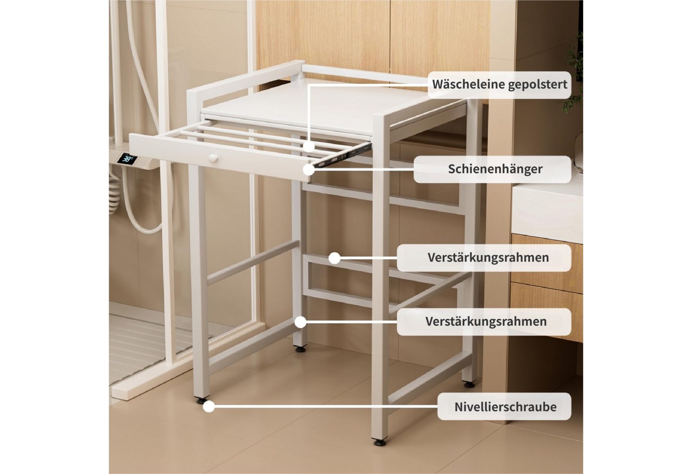Rutaqian Waschmaschinenunterschrank Regal über Waschmaschine,105×73×63cm, Metall Weiß (Waschmaschinenregal, 1-St., Doppelschicht Waschmaschinenständer) Höhenverstellbar Wäschetrocknerständer mit Schiebehänger–200kg Bild 2