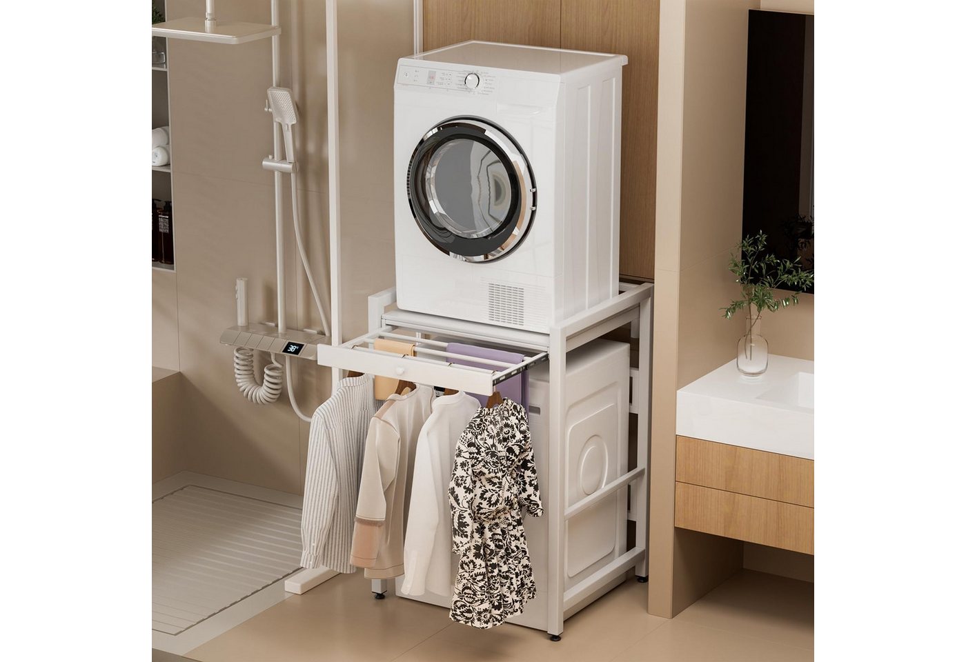 Rutaqian Waschmaschinenunterschrank Regal über Waschmaschine,105×73×63cm, Metall Weiß (Waschmaschinenregal, 1-St., Doppelschicht Waschmaschinenständer) Höhenverstellbar Wäschetrocknerständer mit Schiebehänger–200kg Bild 3
