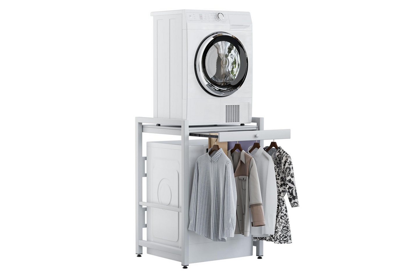 Rutaqian Waschmaschinenunterschrank Regal über Waschmaschine,105×73×63cm, Metall Weiß (Waschmaschinenregal, 1-St., Doppelschicht Waschmaschinenständer) Höhenverstellbar Wäschetrocknerständer mit Schiebehänger–200kg Bild 5