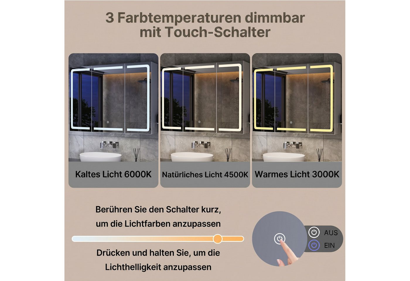 Bealife Spiegelschrank Badezimmerschrank Wandschrank, B:80/100CM (mit Haartrockner-Halter) Bild 3
