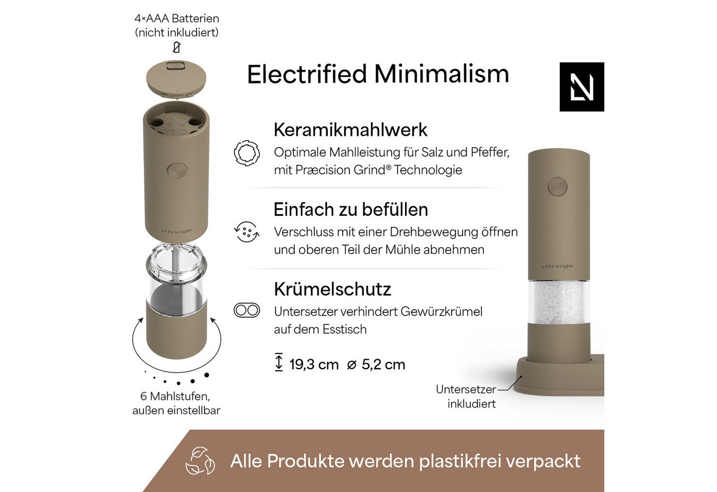 LARS NYSØM Gewürzmühle Kryd praktische Einhandbedienung per Drucktaste, (2 Stück), elektrische Salz- & Pfeffermühle mit Ständer