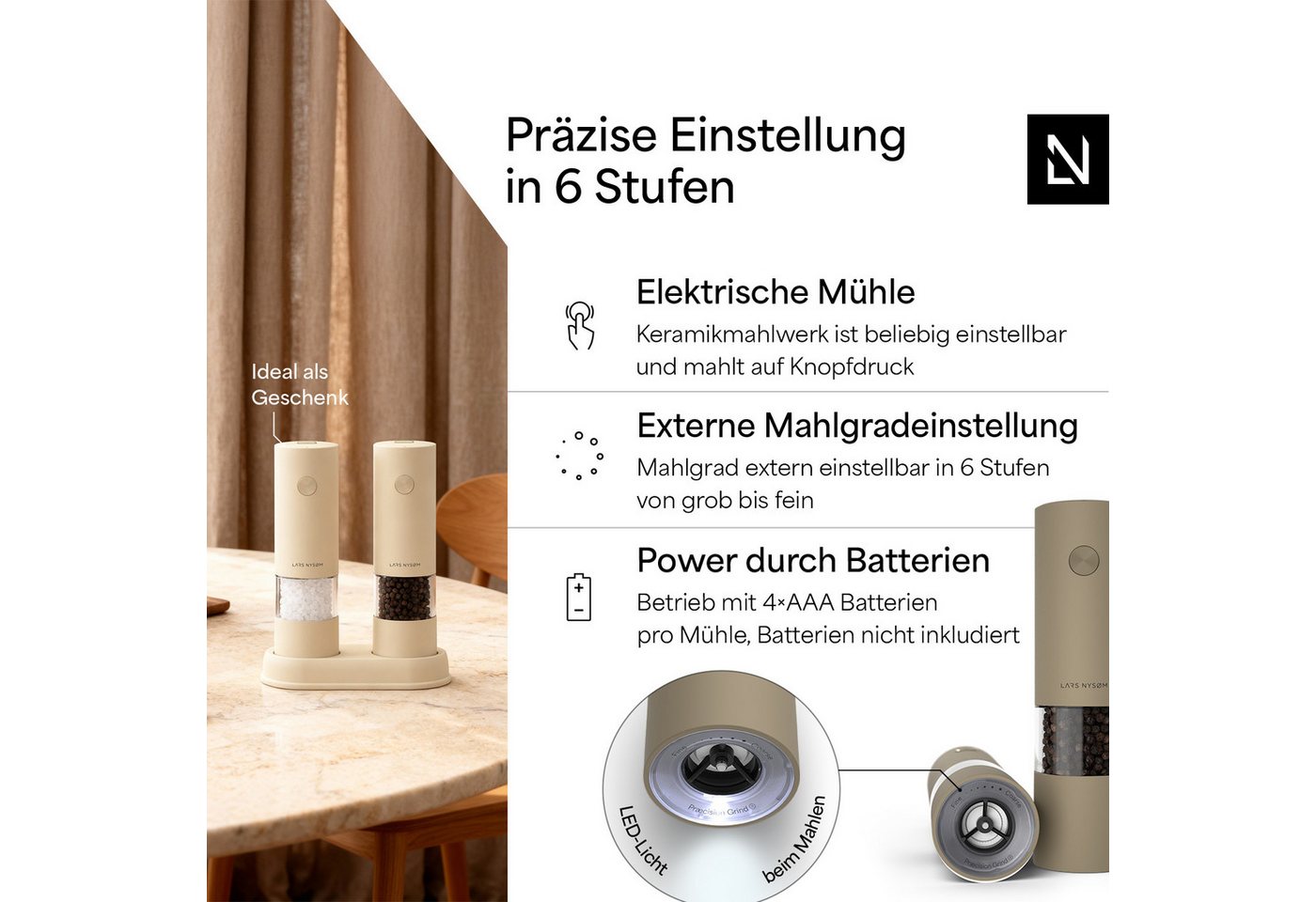 LARS NYSØM Gewürzmühle Kryd praktische Einhandbedienung per Drucktaste, (2 Stück), elektrische Salz- & Pfeffermühle mit Ständer Bild 2