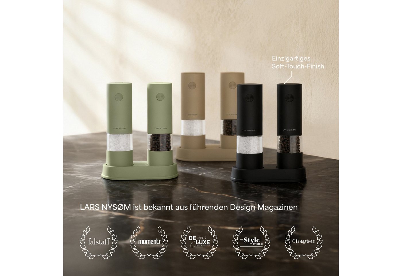 LARS NYSØM Gewürzmühle Kryd praktische Einhandbedienung per Drucktaste, (2 Stück), elektrische Salz- & Pfeffermühle mit Ständer Bild 3