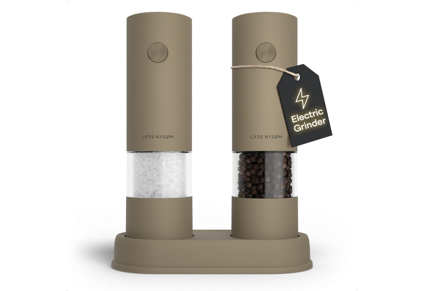 LARS NYSØM Gewürzmühle Kryd praktische Einhandbedienung per Drucktaste, (2 Stück), elektrische Salz- & Pfeffermühle mit Ständer Bild 4