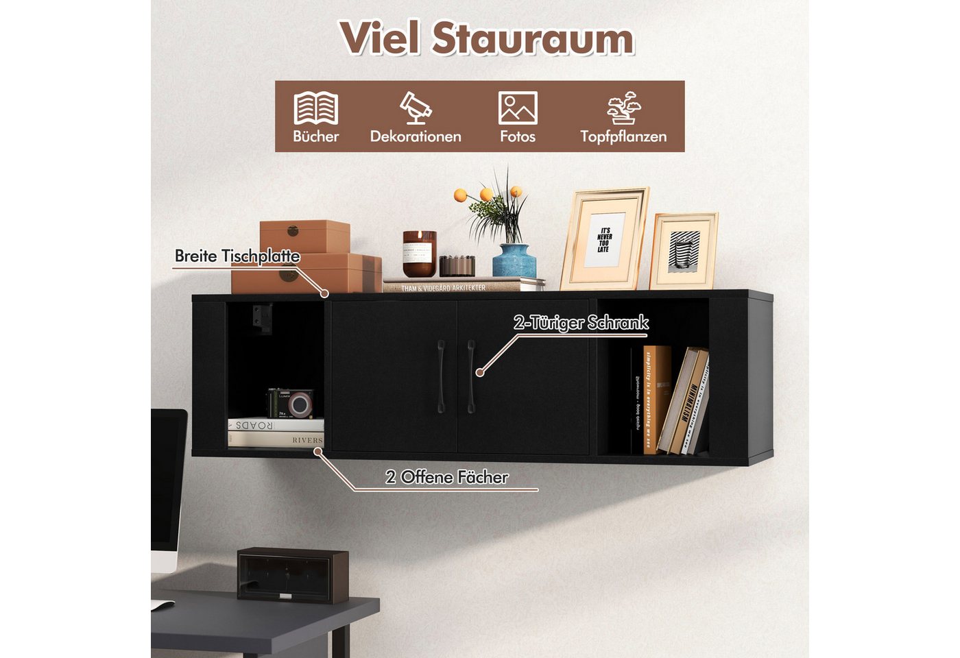COSTWAY Hängeschrank mit 4 Fächern & 2 Türen Lowboard für Fernseher, 108cm