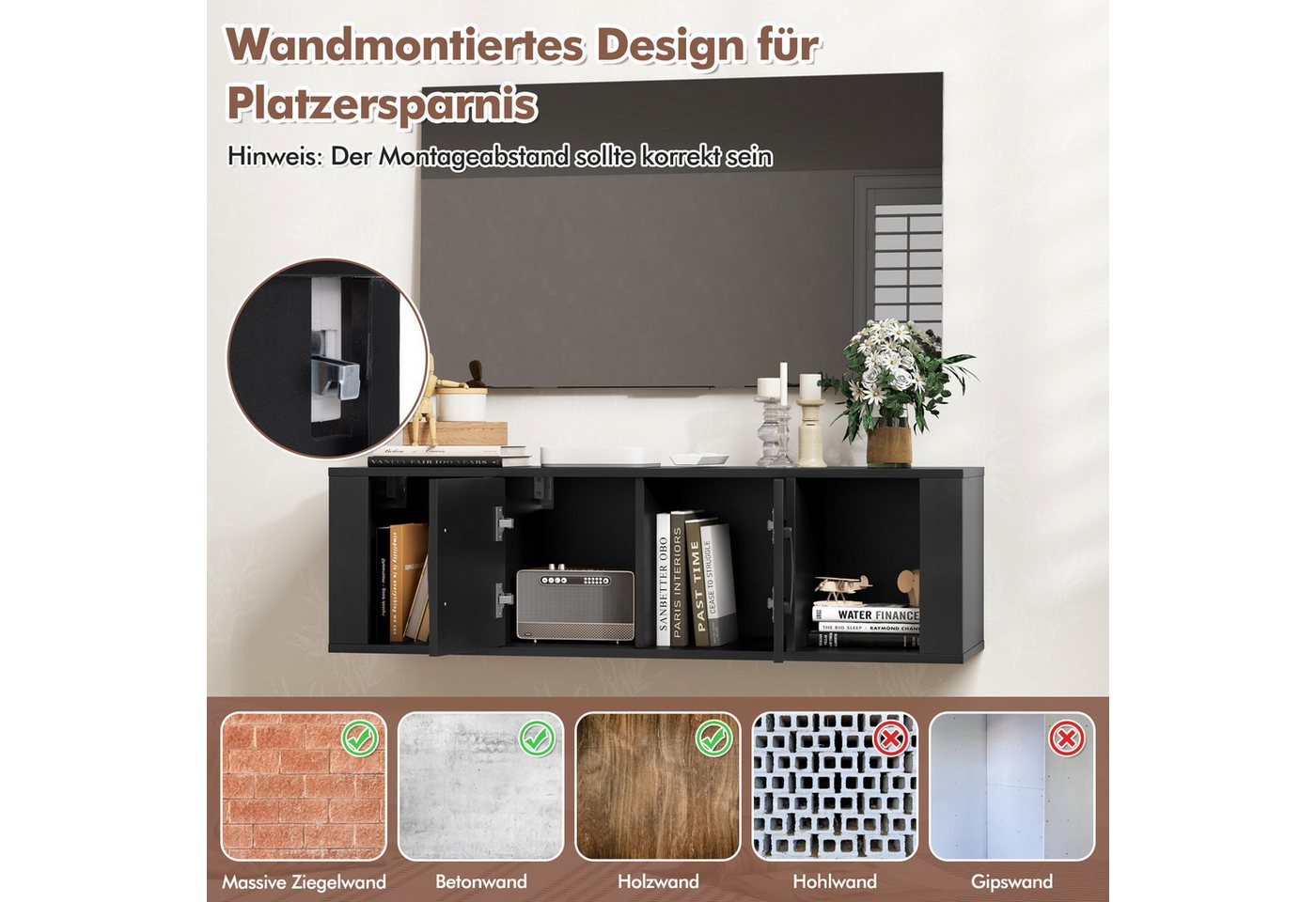 COSTWAY Hängeschrank mit 4 Fächern & 2 Türen Lowboard für Fernseher, 108cm Bild 3
