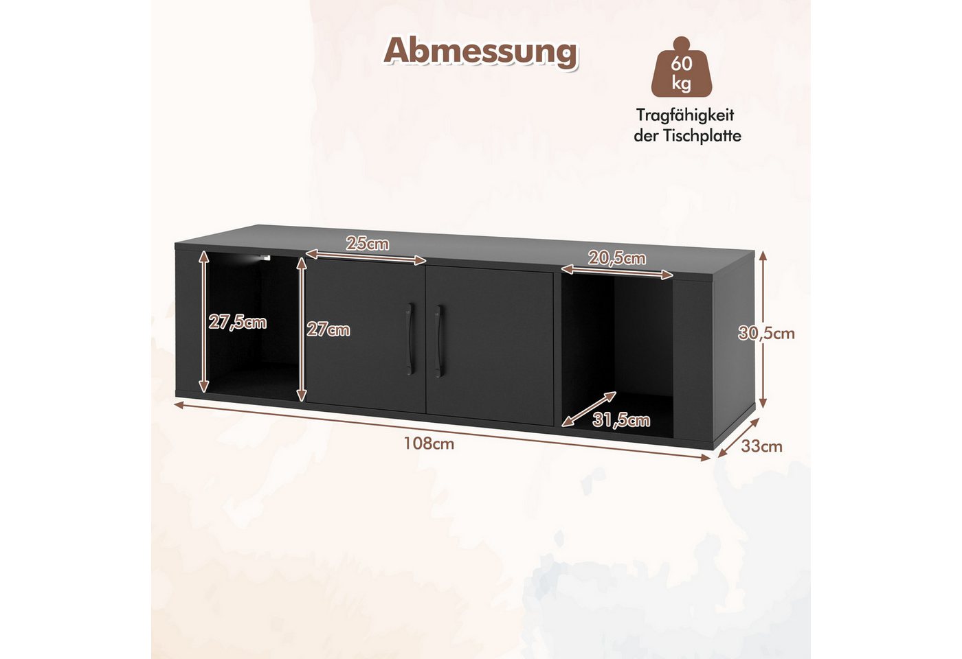 COSTWAY Hängeschrank mit 4 Fächern & 2 Türen Lowboard für Fernseher, 108cm Bild 4