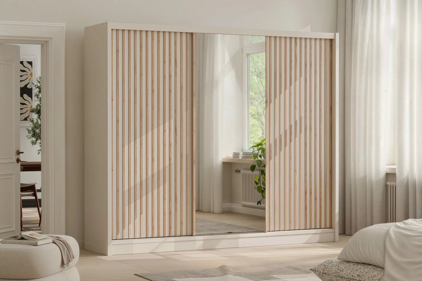 Deine Möbel 24 Schwebetürenschrank NEW YORK LUX Kleiderschrank mit Spiegel und Lamellen, 250 oder 203 cm (Set, 1-St., ideal für Schalfzimmer & Flur) in Kaschmir, modern, mit viel Stauraum