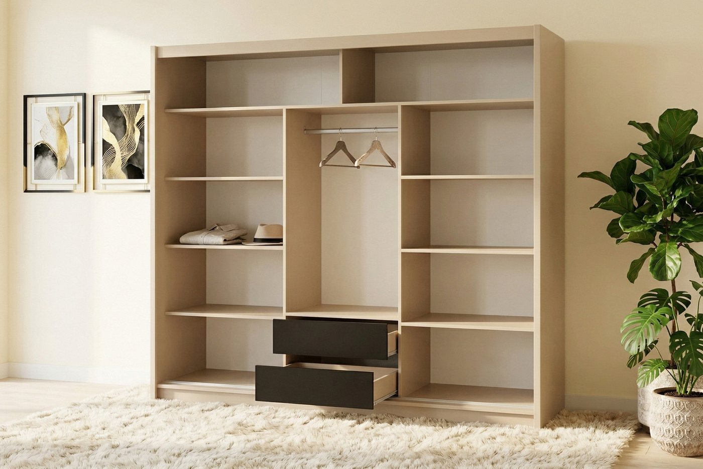 Deine Möbel 24 Schwebetürenschrank NEW YORK LUX Kleiderschrank mit Spiegel und Lamellen, 250 oder 203 cm (Set, 1-St., ideal für Schalfzimmer & Flur) in Kaschmir, modern, mit viel Stauraum Bild 2