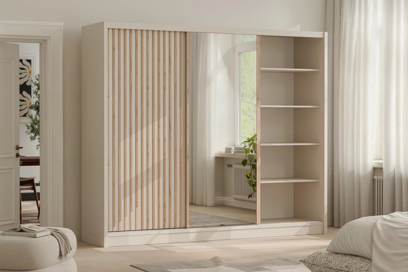 Deine Möbel 24 Schwebetürenschrank NEW YORK LUX Kleiderschrank mit Spiegel und Lamellen, 250 oder 203 cm (Set, 1-St., ideal für Schalfzimmer & Flur) in Kaschmir, modern, mit viel Stauraum Bild 3