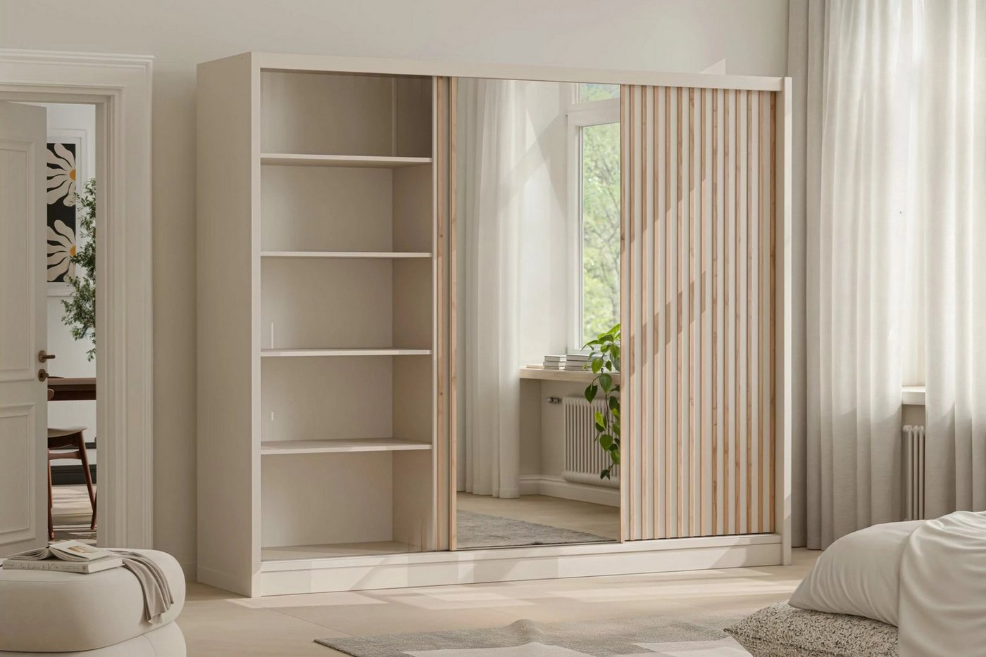 Deine Möbel 24 Schwebetürenschrank NEW YORK LUX Kleiderschrank mit Spiegel und Lamellen, 250 oder 203 cm (Set, 1-St., ideal für Schalfzimmer & Flur) in Kaschmir, modern, mit viel Stauraum Bild 4