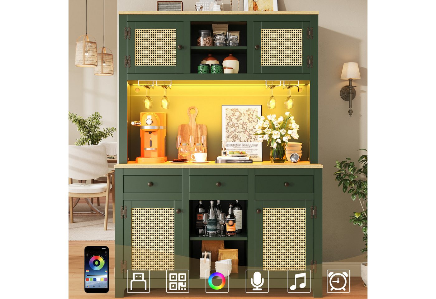 Flieks Küchenbuffet mit Arbeitsplatte in Holzoptik, Rattantüren und Gläserhalter (1-St., B120/T40/H180 cm) Hochschrank Küchenschrank Geschirrschrank mit verstellbare Ablagen