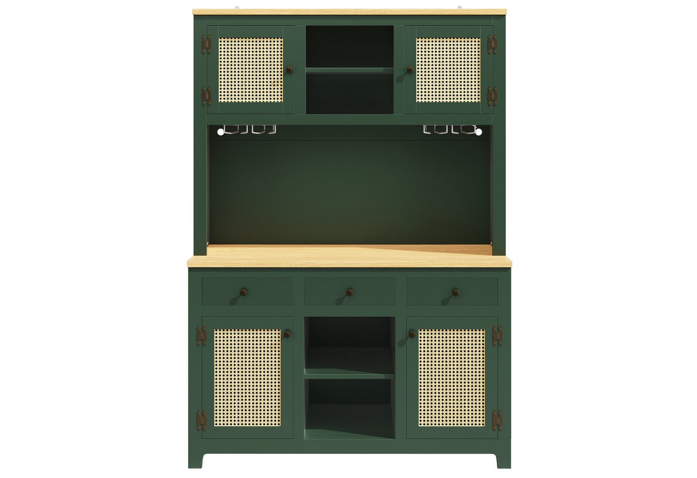 Flieks Küchenbuffet mit Arbeitsplatte in Holzoptik, Rattantüren und Gläserhalter (1-St., B120/T40/H180 cm) Hochschrank Küchenschrank Geschirrschrank mit verstellbare Ablagen Bild 2