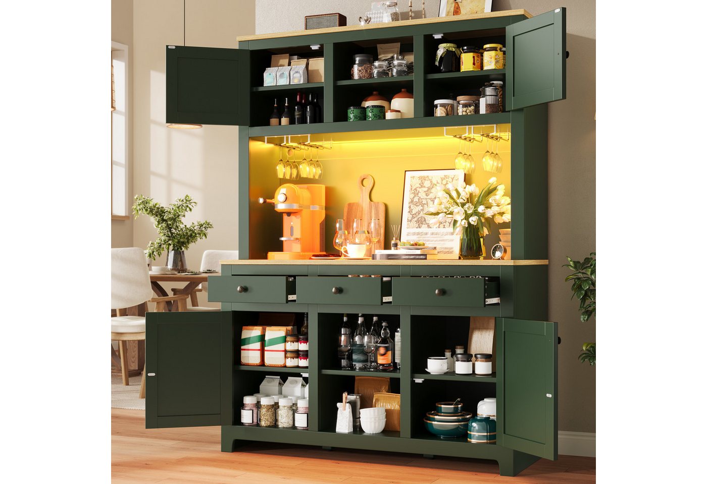 Flieks Küchenbuffet mit Arbeitsplatte in Holzoptik, Rattantüren und Gläserhalter (1-St., B120/T40/H180 cm) Hochschrank Küchenschrank Geschirrschrank mit verstellbare Ablagen Bild 3