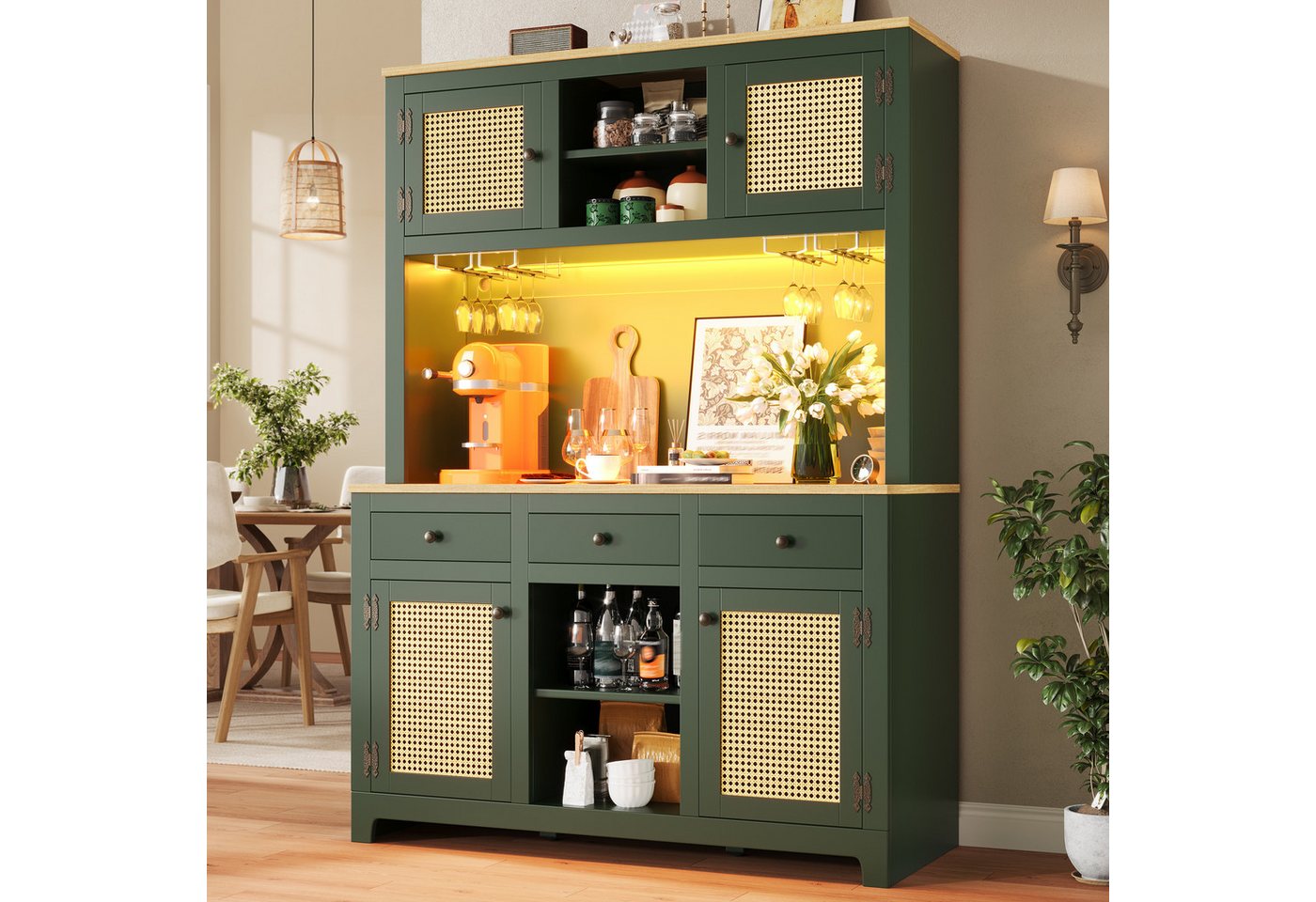 Flieks Küchenbuffet mit Arbeitsplatte in Holzoptik, Rattantüren und Gläserhalter (1-St., B120/T40/H180 cm) Hochschrank Küchenschrank Geschirrschrank mit verstellbare Ablagen Bild 4