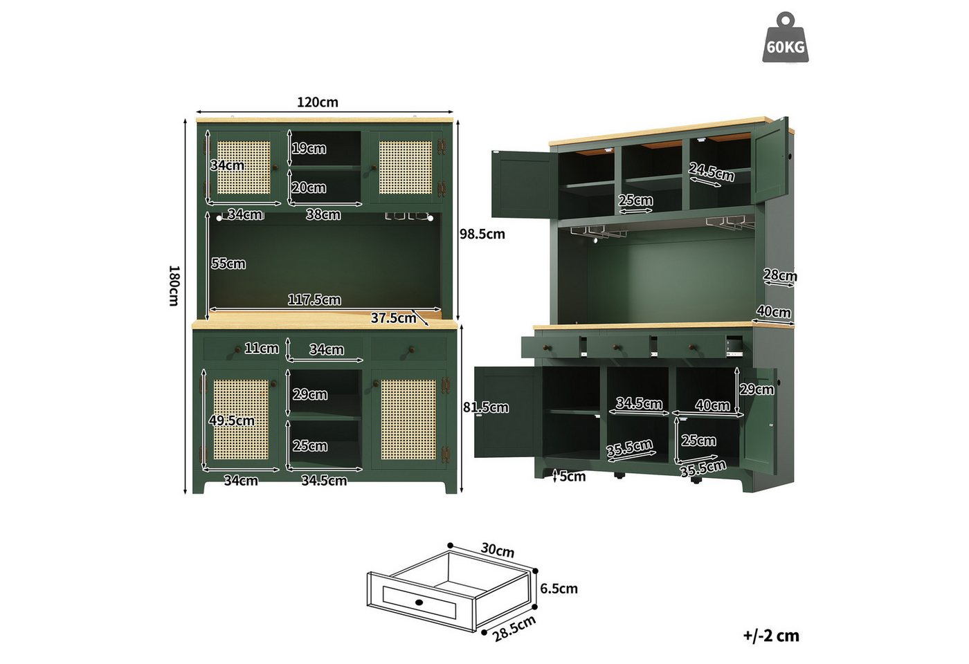 Flieks Küchenbuffet mit Arbeitsplatte in Holzoptik, Rattantüren und Gläserhalter (1-St., B120/T40/H180 cm) Hochschrank Küchenschrank Geschirrschrank mit verstellbare Ablagen Bild 5