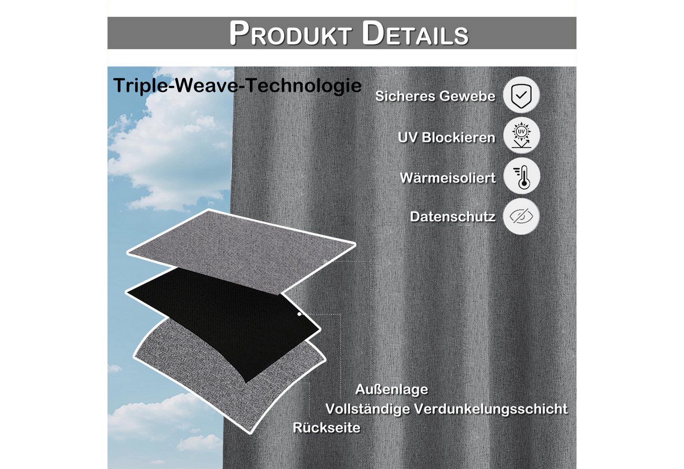 Rosnek Outdoorvorhang 100% Blickdicht, Wasserabweisend & Winddicht, Sonnenschutz Gardinen (2 St), Extra breit, Ösen oben & Back-Tabs unten, für Terrasse und Balkon Bild 3