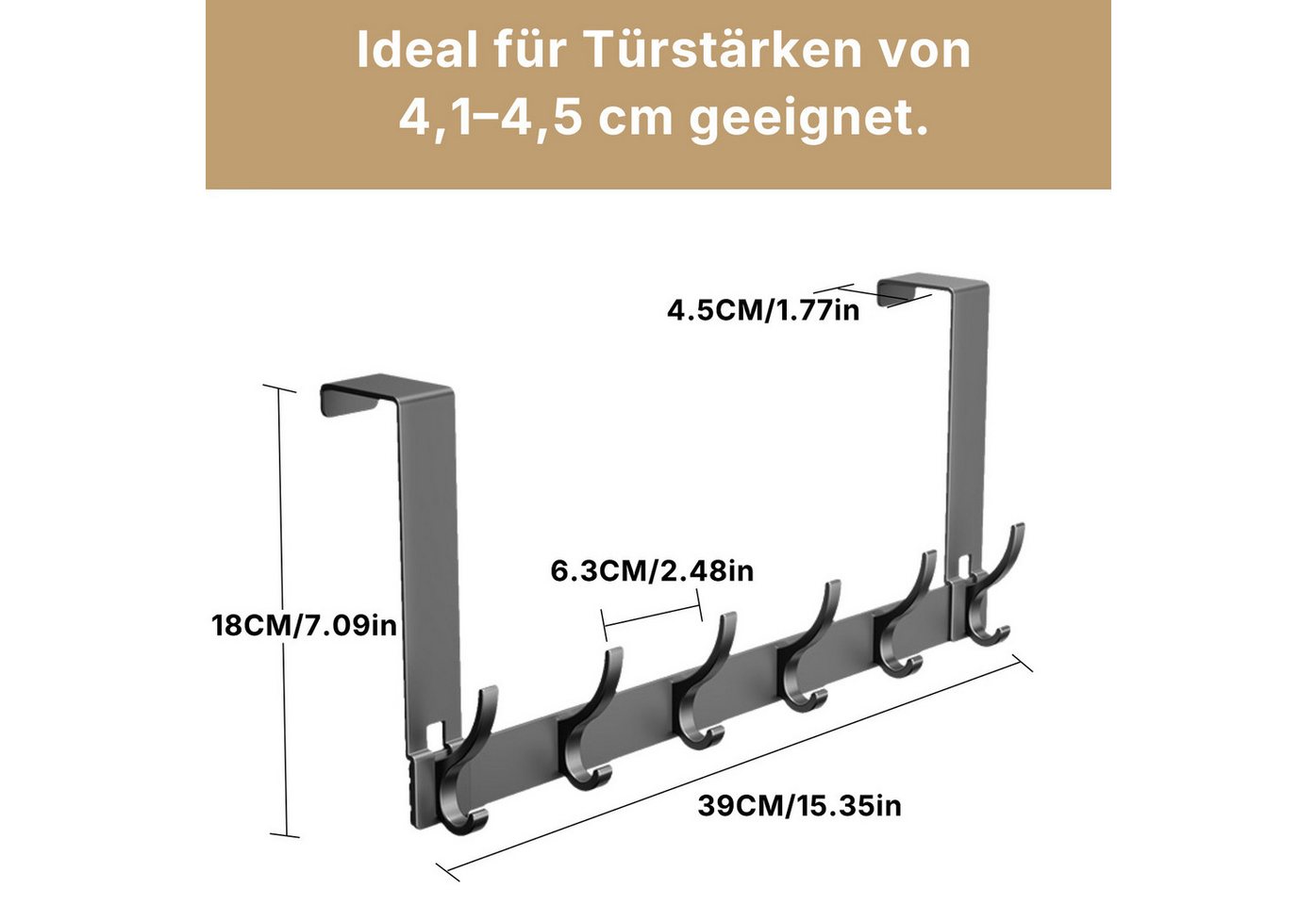 Forrlite Türhaken Türgarderobe zum Einhängen mit 6 Haken, ohne Bohren, Rostfrei, für Flur, Bad und Küche, Tür, Schlafzimmer, (Hakenleiste Bad, Türgarderobe, Ohne Bohren Türhaken, Platzsparende Türhaken, Türhaken zum Einhängen, 1-St, Arbeitszimmer, Kleiderhaken Tür, Handtuchhaken Tür, Türgarderobe), Robust & Langlebig, Vielseitig einsetzbar Bild 4