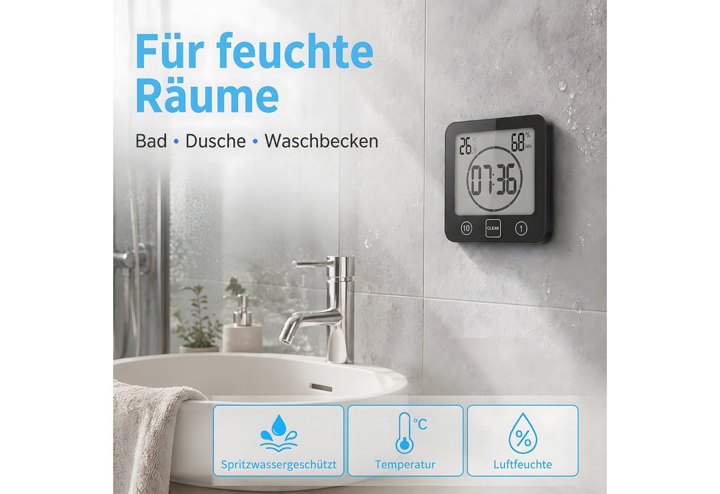 AIMAX Badezimmeruhr Duschuhr mit Saugnapf LCD Display Countdown Timer Für Dusche Küche (Luftfeuchtigkeit Temperatur Wanduhren Funkwanduhr Wecker Wasserdichte)