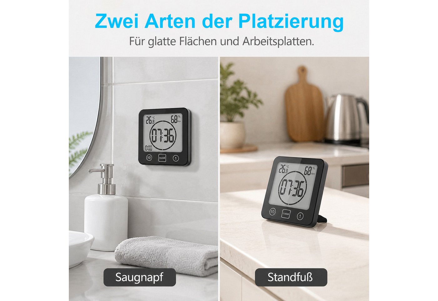 AIMAX Badezimmeruhr Duschuhr mit Saugnapf LCD Display Countdown Timer Für Dusche Küche (Luftfeuchtigkeit Temperatur Wanduhren Funkwanduhr Wecker Wasserdichte) Bild 2