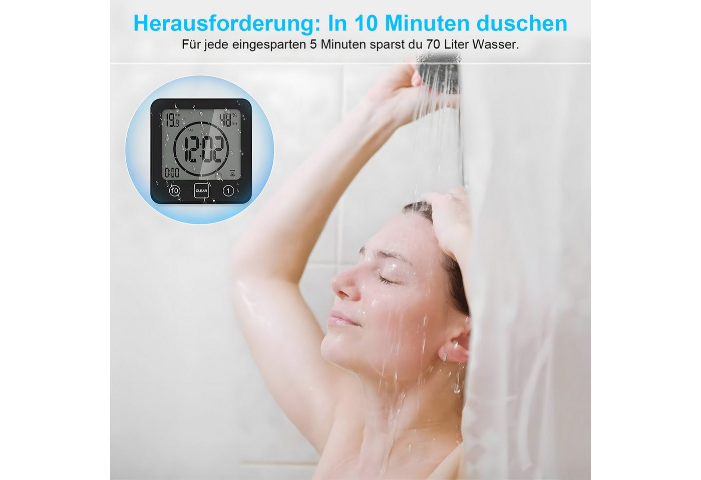 AIMAX Badezimmeruhr Duschuhr mit Saugnapf LCD Display Countdown Timer Für Dusche Küche (Luftfeuchtigkeit Temperatur Wanduhren Funkwanduhr Wecker Wasserdichte) Bild 3
