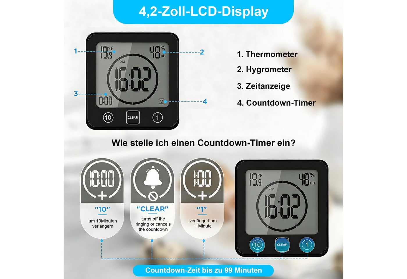 AIMAX Badezimmeruhr Duschuhr mit Saugnapf LCD Display Countdown Timer Für Dusche Küche (Luftfeuchtigkeit Temperatur Wanduhren Funkwanduhr Wecker Wasserdichte) Bild 5