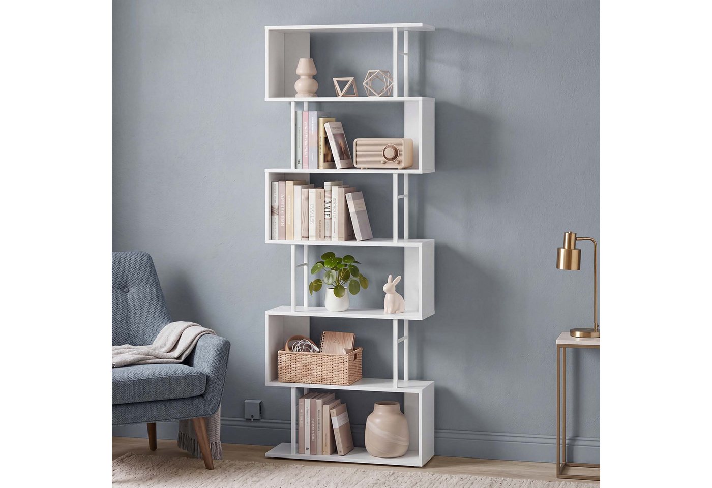 VASAGLE Bücherregal Standregal mit 7 Ebenen, S-Form Raumteiler, für Wohnzimmer, Büro, Freistehendes Regal, 60 x 23 x 190,5 cm
