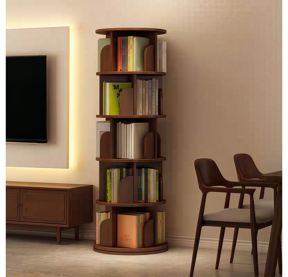 BBWL Bücherregal 360° mit 5 Ebenen aus MDF, platzsparender Bücherturm, Drehbares Bücherregal für Wohnzimmer Schlafzimmer Büro