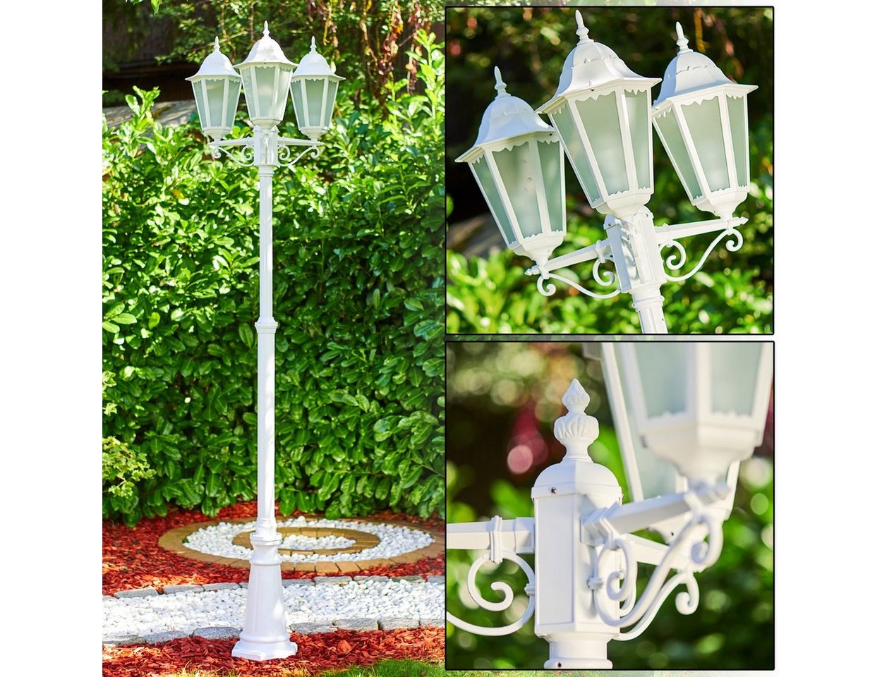 hofstein Außen-Stehlampe »Fabiano« Außenleuchte Kandelaber in antikem Look, Aluguss in Weiß, ohne Leuchtmittel, mit Milchglas-Scheiben, 3-armig, höhenverstellbar, E27, IP44