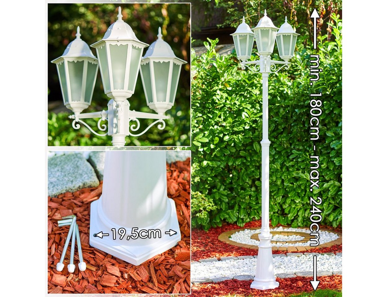 hofstein Außen-Stehlampe »Fabiano« Außenleuchte Kandelaber in antikem Look, Aluguss in Weiß, ohne Leuchtmittel, mit Milchglas-Scheiben, 3-armig, höhenverstellbar, E27, IP44 Bild 3
