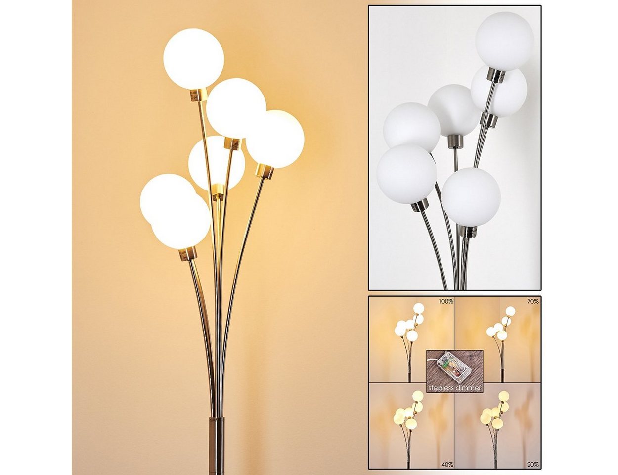 hofstein Stehlampe »Lerici« stufenlos dimmbar, Stehleuchte Nickel-matt/Weiß, ohne Leuchtmittel, Stehleuchte Nickel-matt/Weiß, Glas, 6xG9, mit Fußschalter am Kabel