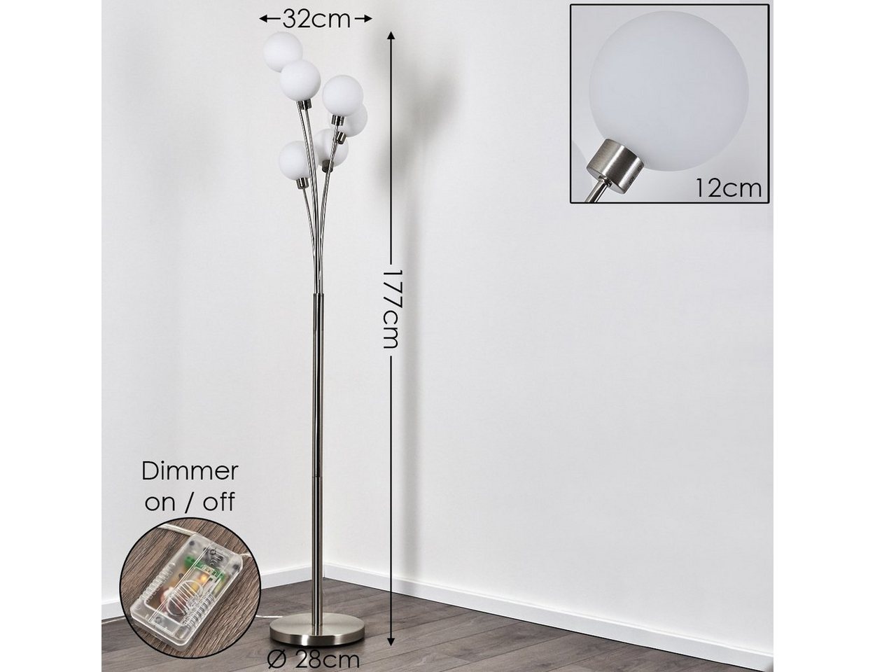 hofstein Stehlampe »Lerici« stufenlos dimmbar, Stehleuchte Nickel-matt/Weiß, ohne Leuchtmittel, Stehleuchte Nickel-matt/Weiß, Glas, 6xG9, mit Fußschalter am Kabel Bild 2